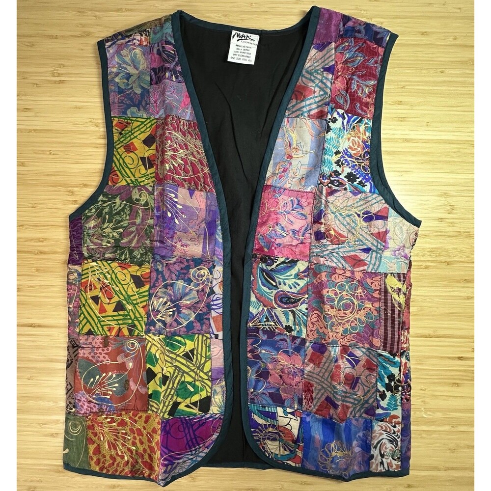 Mak 100% Silk Vest Floral Patchwork Opened Lined NEW One Size Festival Artsy